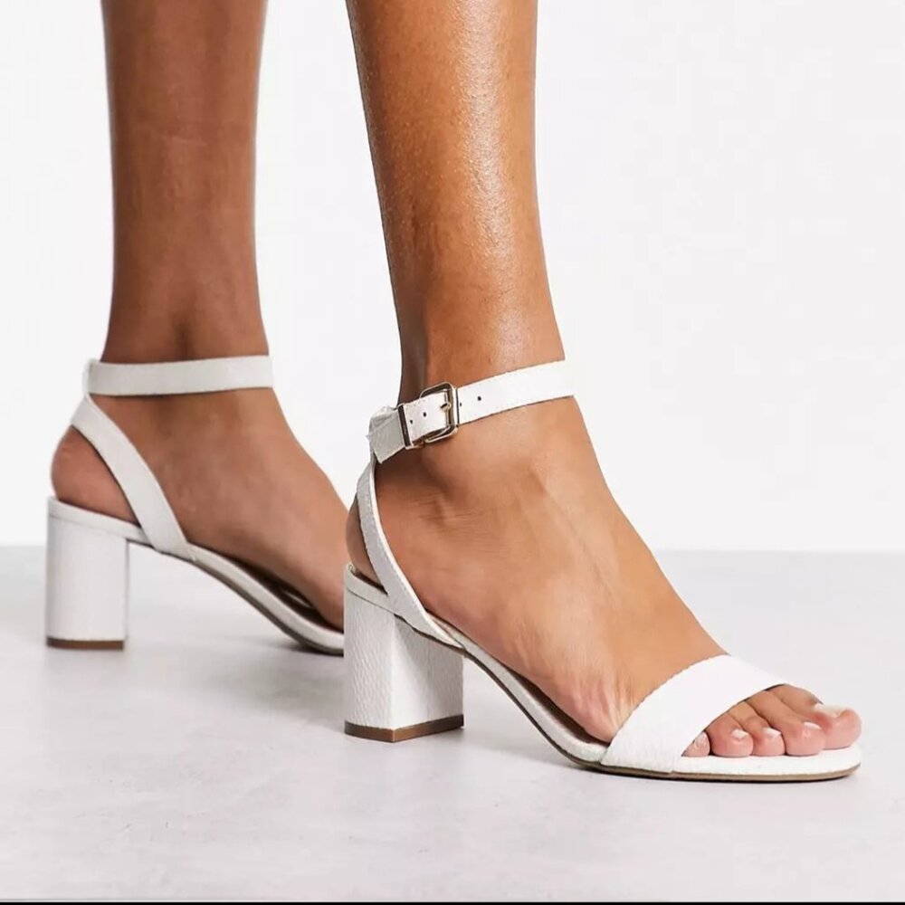 New mid heeled Dune London sandals - white with snake skin texture